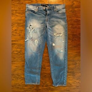 Express “Girlfriend” Heavy distressed Medium wash jeans, Sz: 2.